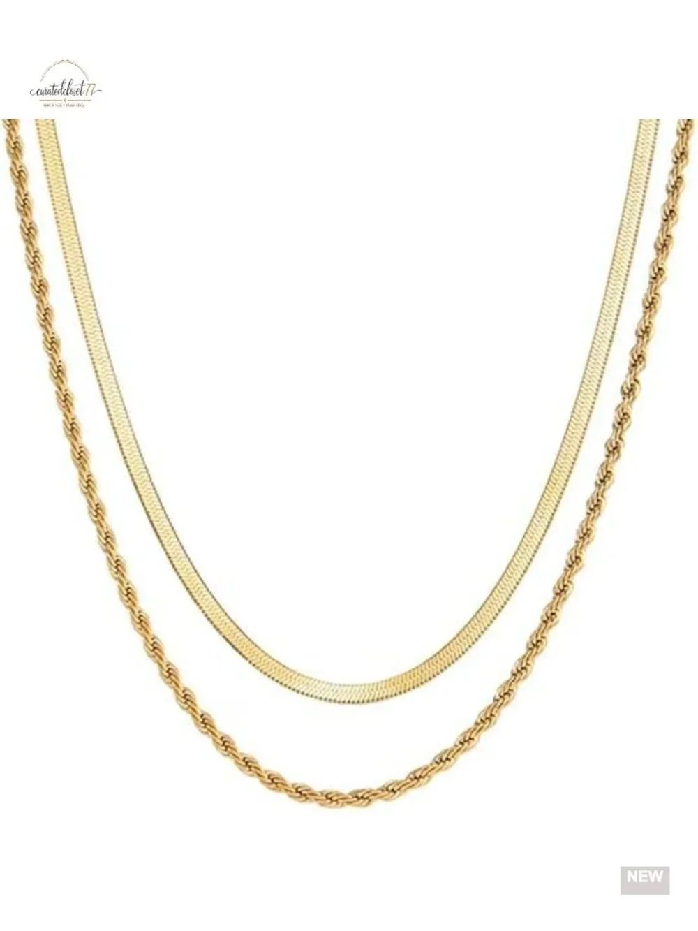18K Gold Plated Herringbone Necklace Set of 2, Layered Flat Snake Chain Choker,